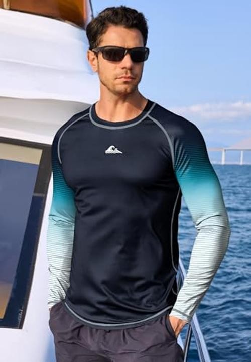 Mens UPF 50+ Rash Guard Sun Protection Moisture X-Large Black-blue White