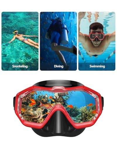 Swim Goggles with Nose Cover,Latest HD 3-Window Wide Adults 1 Pack Black Red