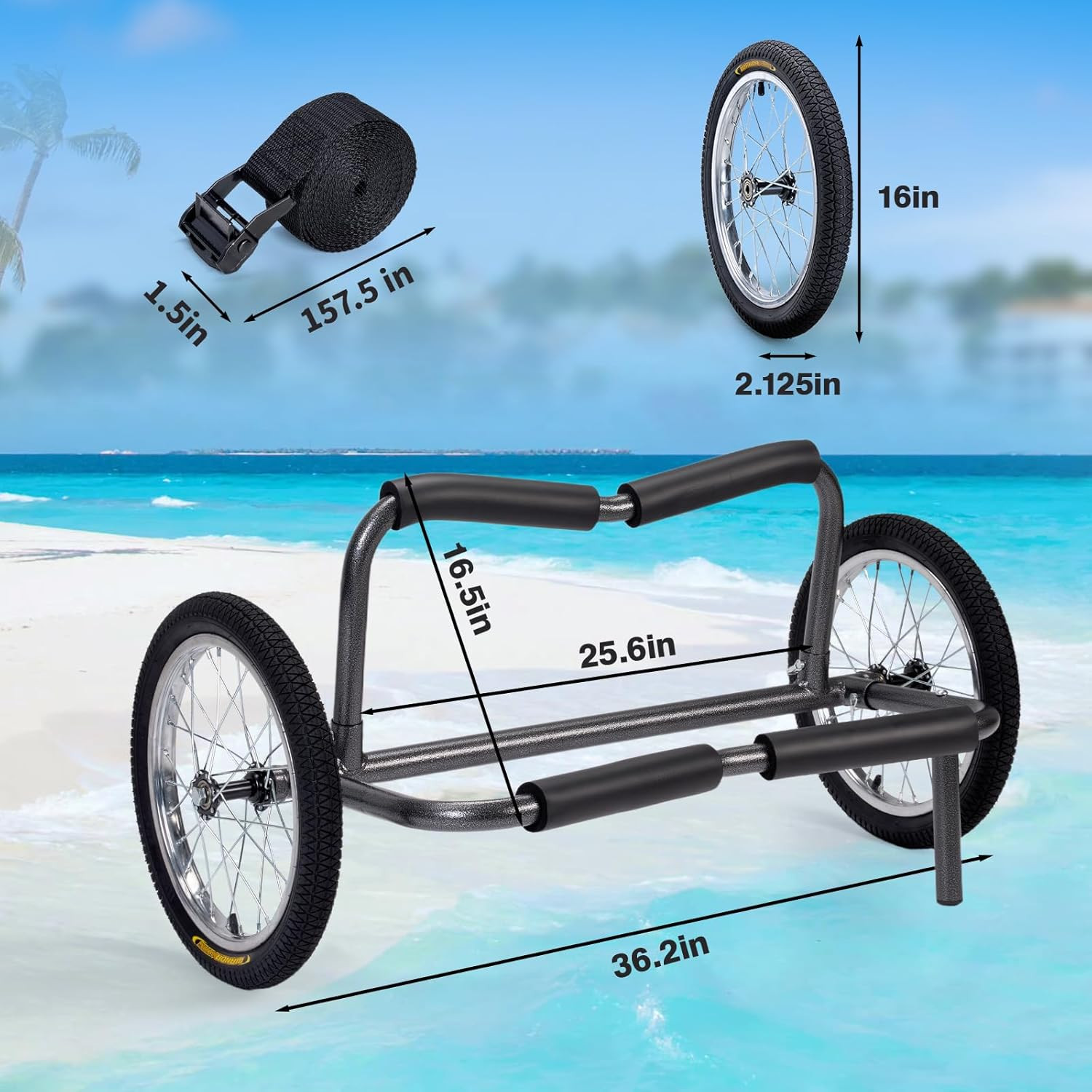 Heavy Duty Kayak Beach Cart with 16″ Wheels – 300 LBS Capacity, Adjustable Width