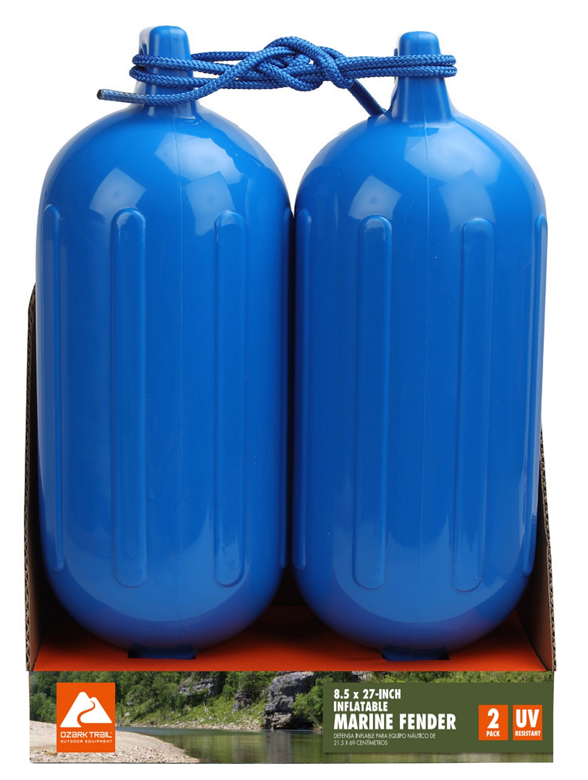 2-Pack Inflatable Boat Fenders – Blue 8.5×27″ W/ Fender Lines Bumpers Buoys