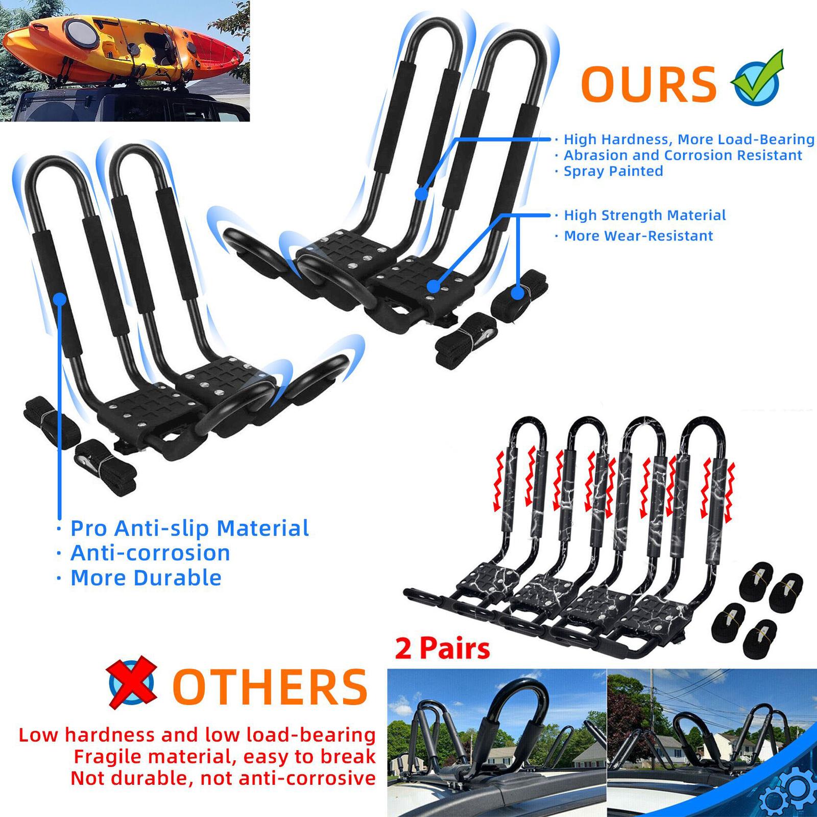 4Pairs Canoe Boat Kayak Roof Rack Car SUV Truck Top Mount Carrier J Cross Bar