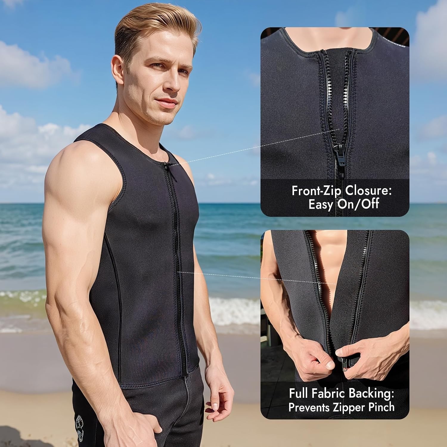 Dizokizo Wetsuit Vest for Men, 3mm Front Zipper Neoprene Wet Suit Top Sleeveless