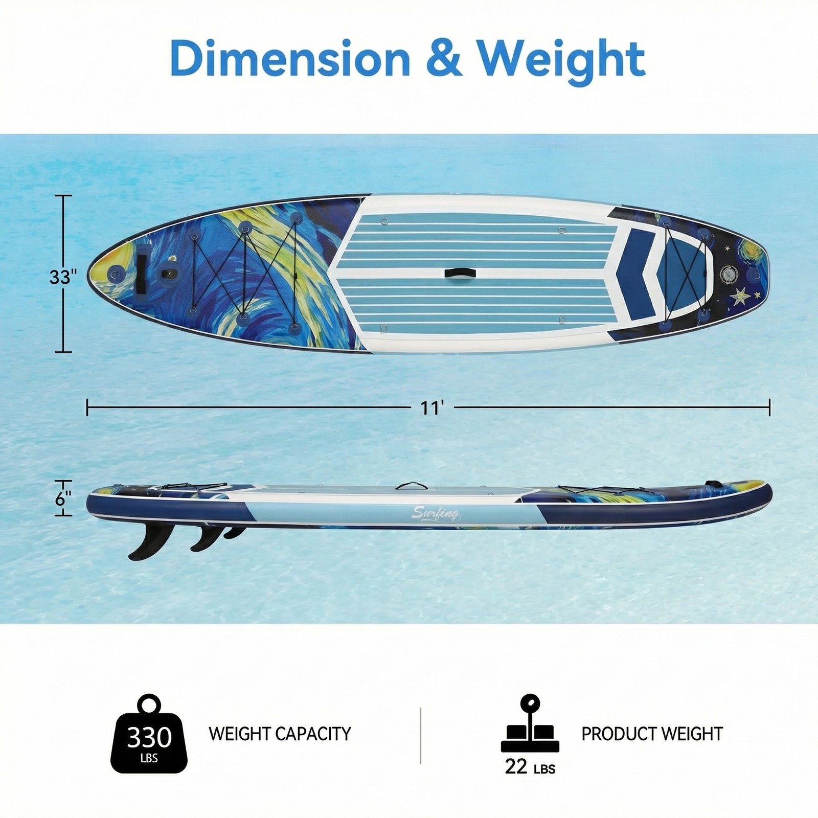 11FT Inflatable SUP Board 33″ Wide 330LBS Kayak Seat 3-Fin Set