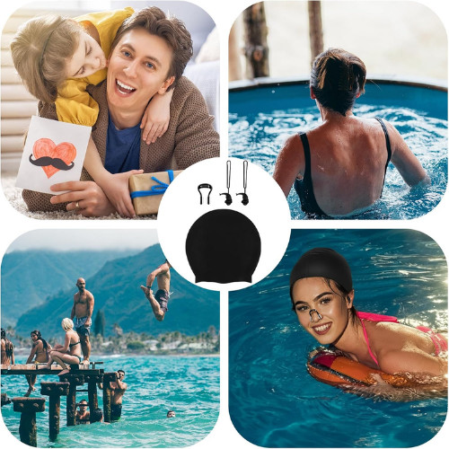 3 Piece Black Swim Accessories Set, Swim Nose Clip Water Ear Plugs with String
