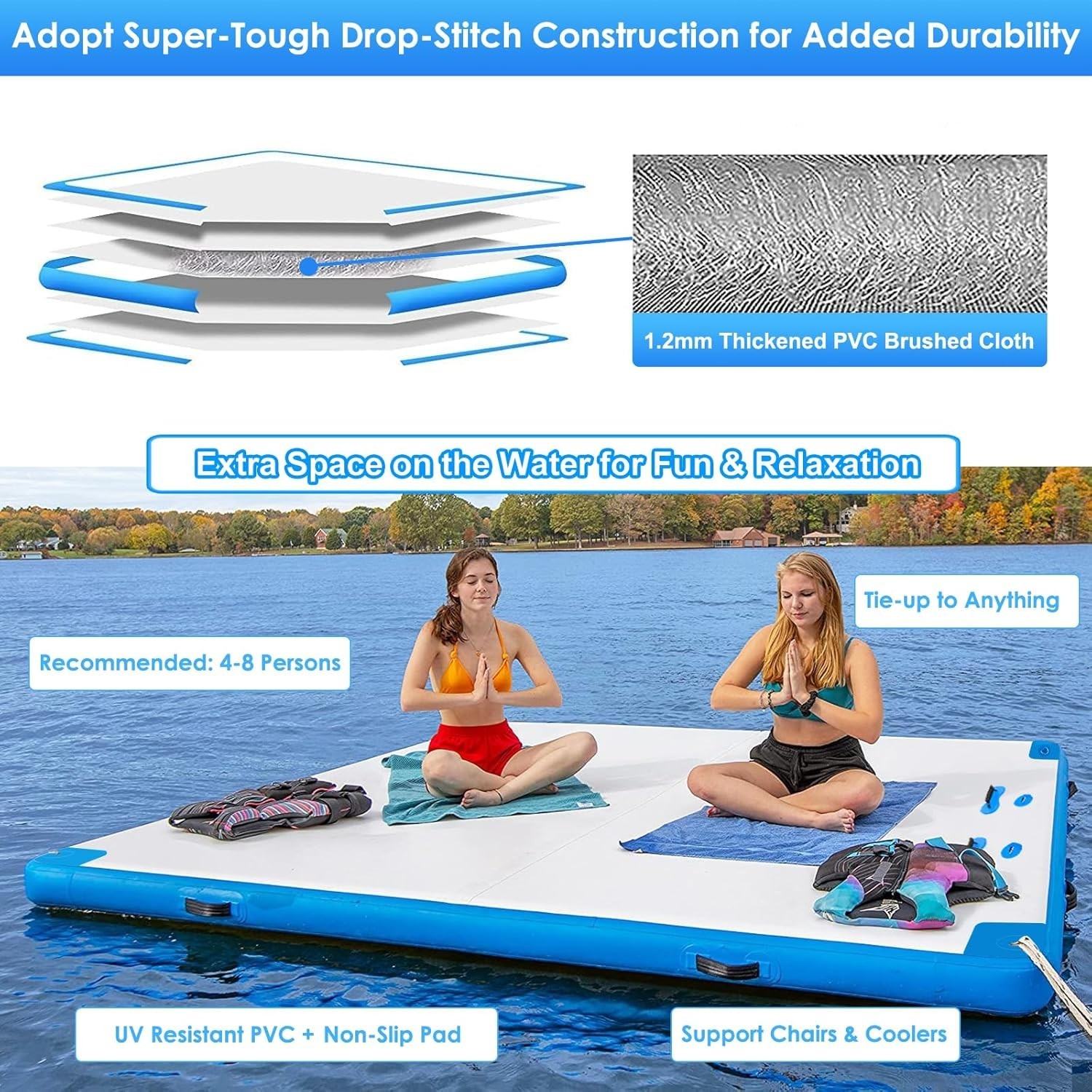 6’x6′ Inflatable Lake Deck,None-Slip Surface Swim Deck,Float Dock w/ Pump
