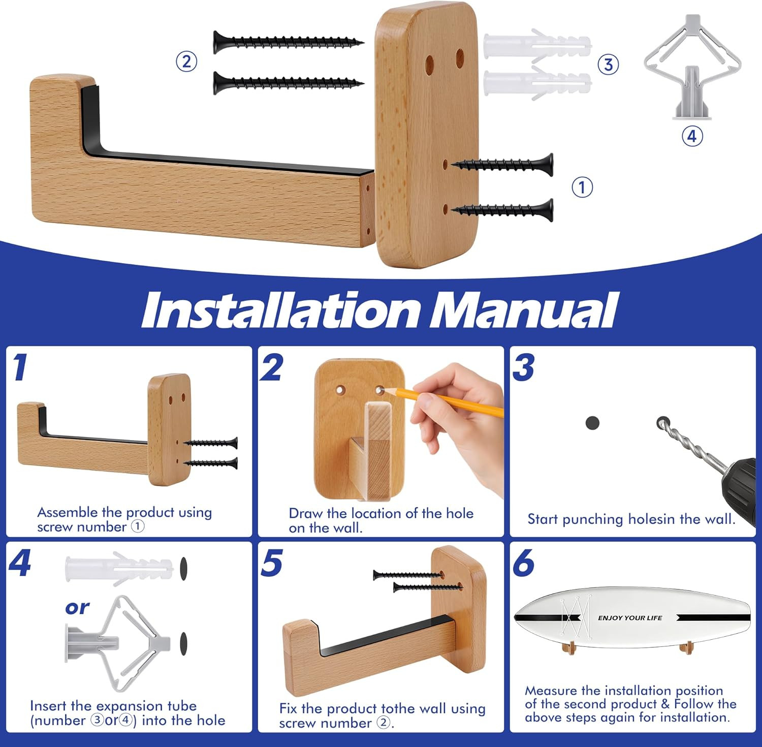 Surfboard Wall Mount – Durable Beech Wood Surfboard Rack for Wall with Non-Slip