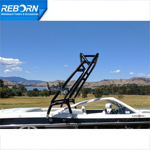 Reborn Black LaunchX Boat Wakeboard Tower Plus Pro3 Black Foldable Bimini Pkg