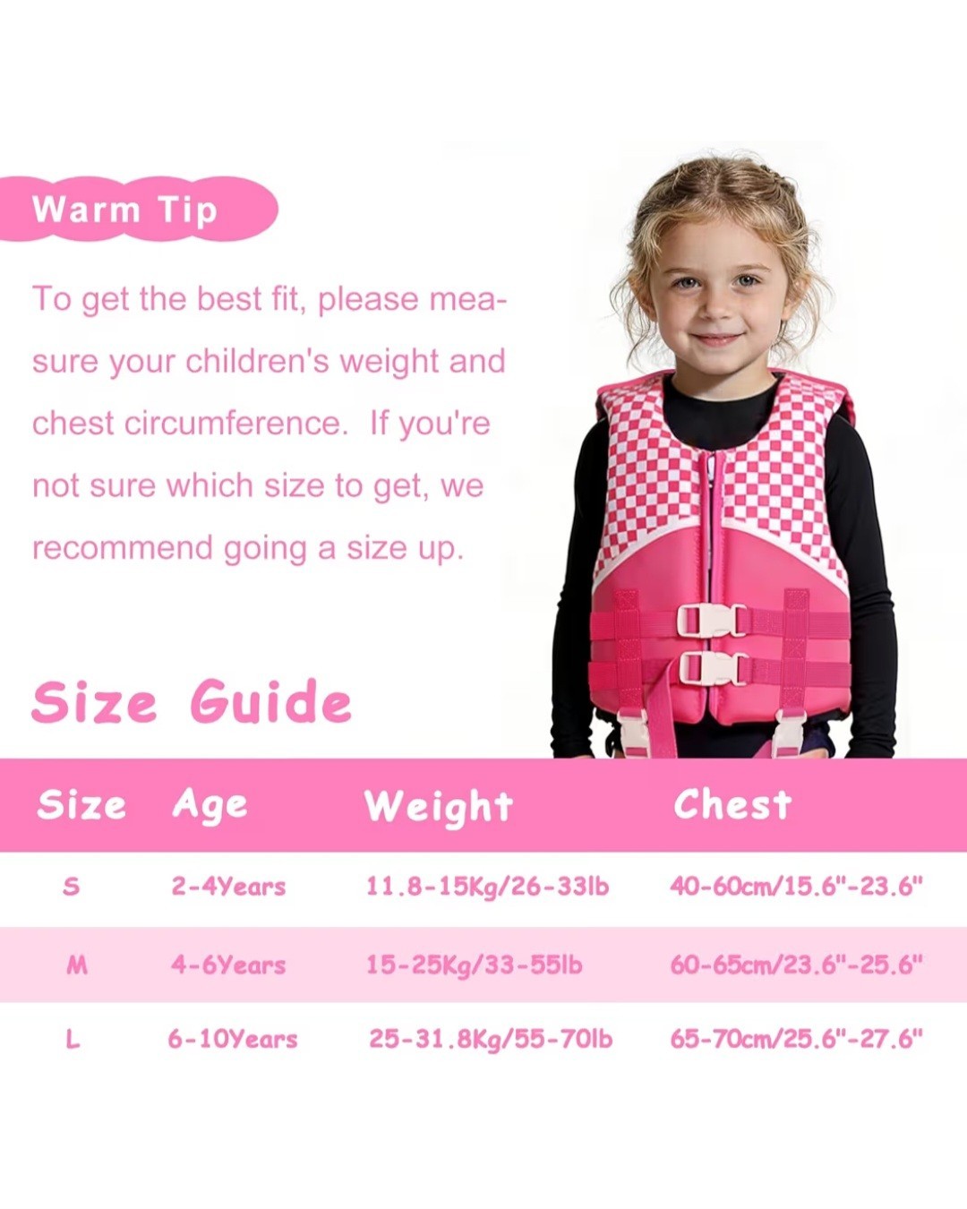 PINK Kids Swim Vest / Life Jacket for 30-50 Pounds, Easy On/Off Zipper, Boating
