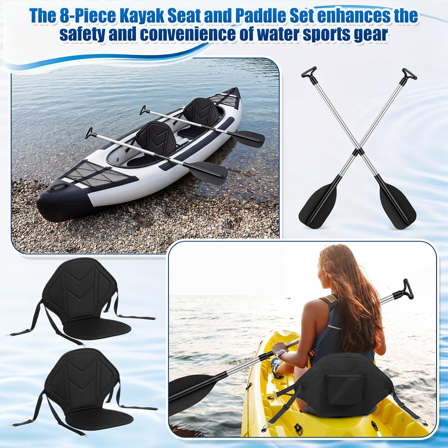 2 Pack Kayak Seats with Back Support and 2 Telescoping Paddles Kayak Seat and Pa