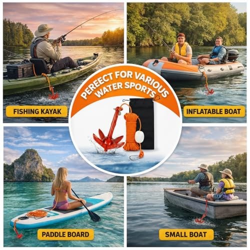 Kayak Anchor Kit 1.5/3.5lb Folding Small Boat Anchor for Paddle Board Red1.5lb