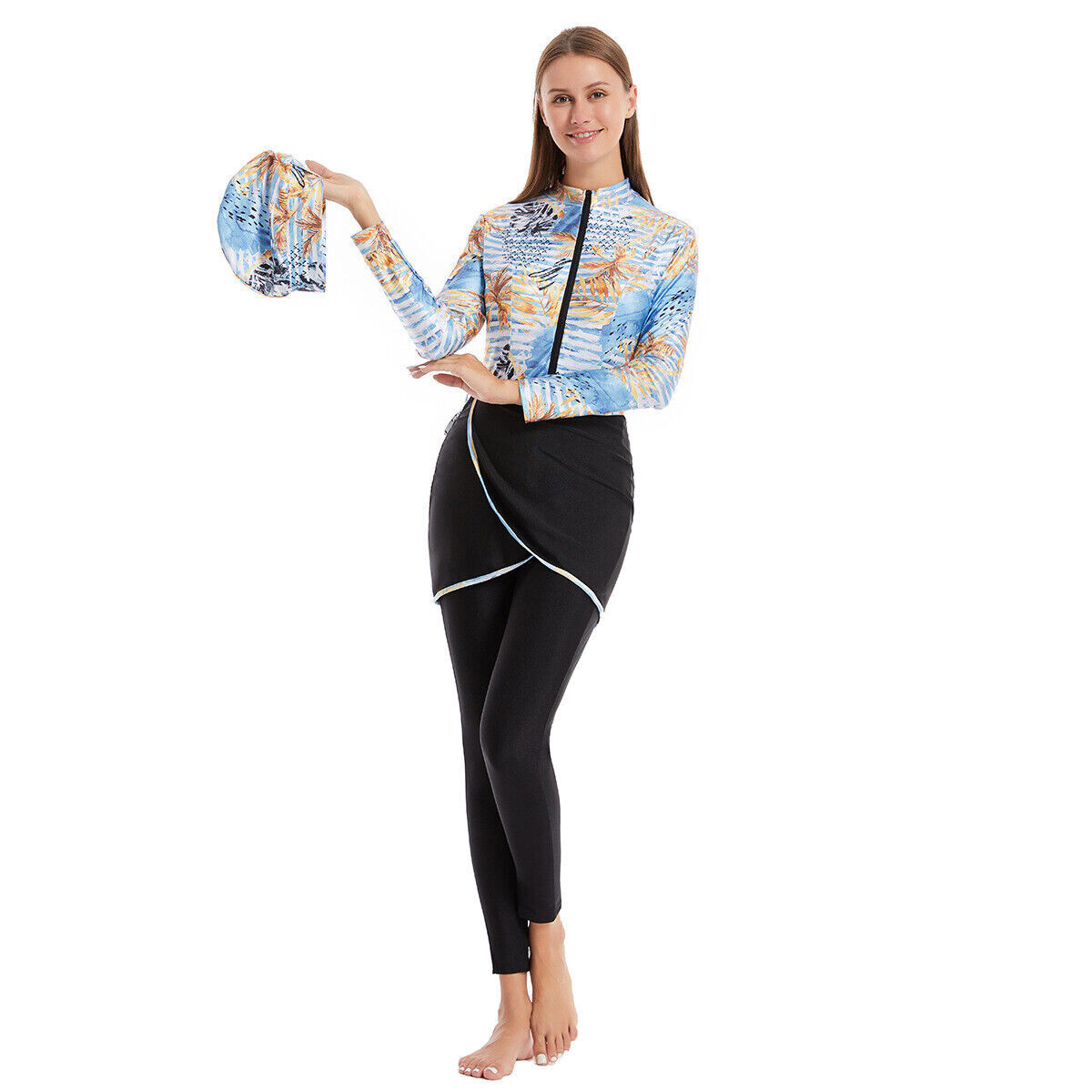 Swimwear Set Women Muslim Printed Elastic One Piece Swimwear Beach 3 Piece Set