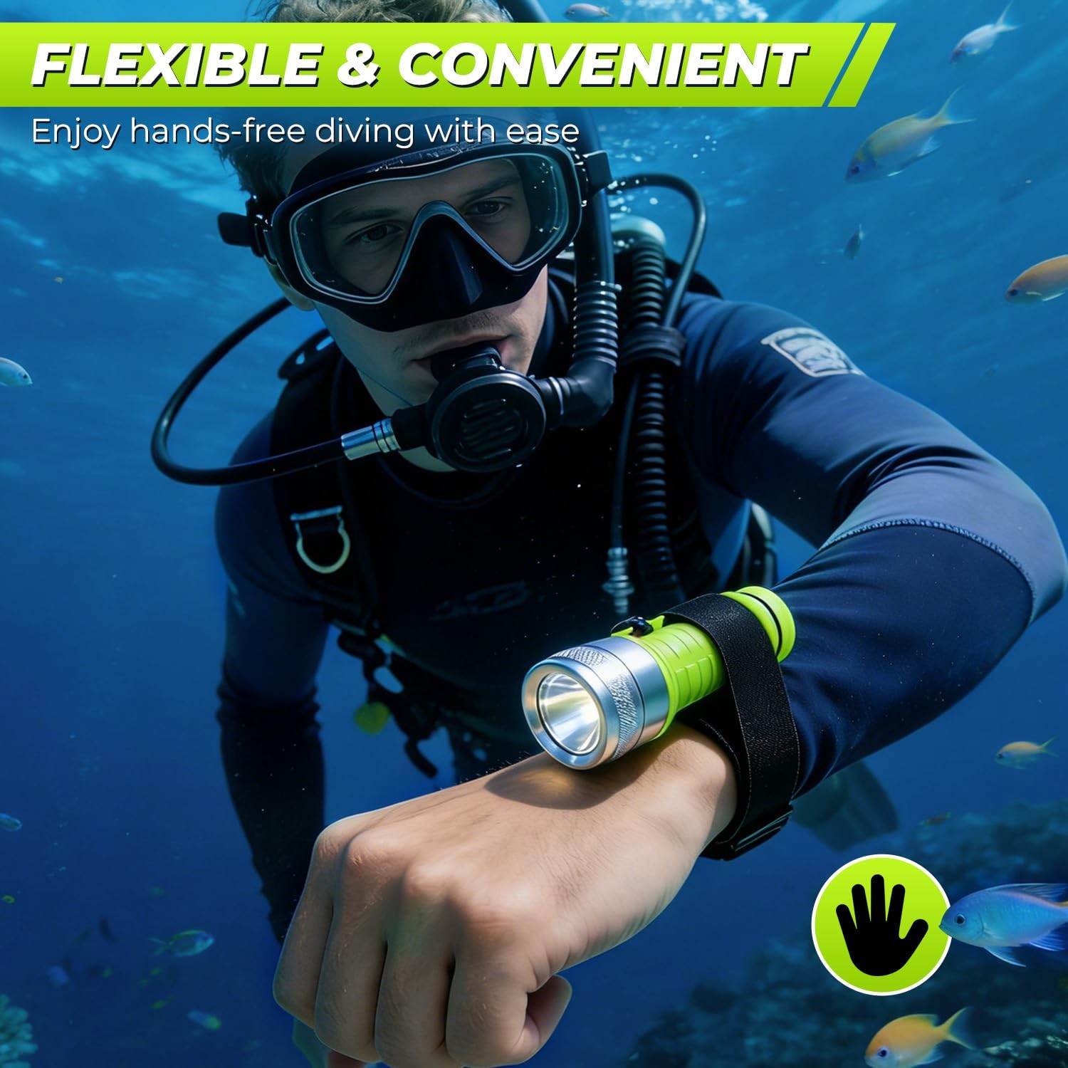 Diving Flashlight 1500 Lumen LED, Waterproof Rechargeable Torch for Night Diving