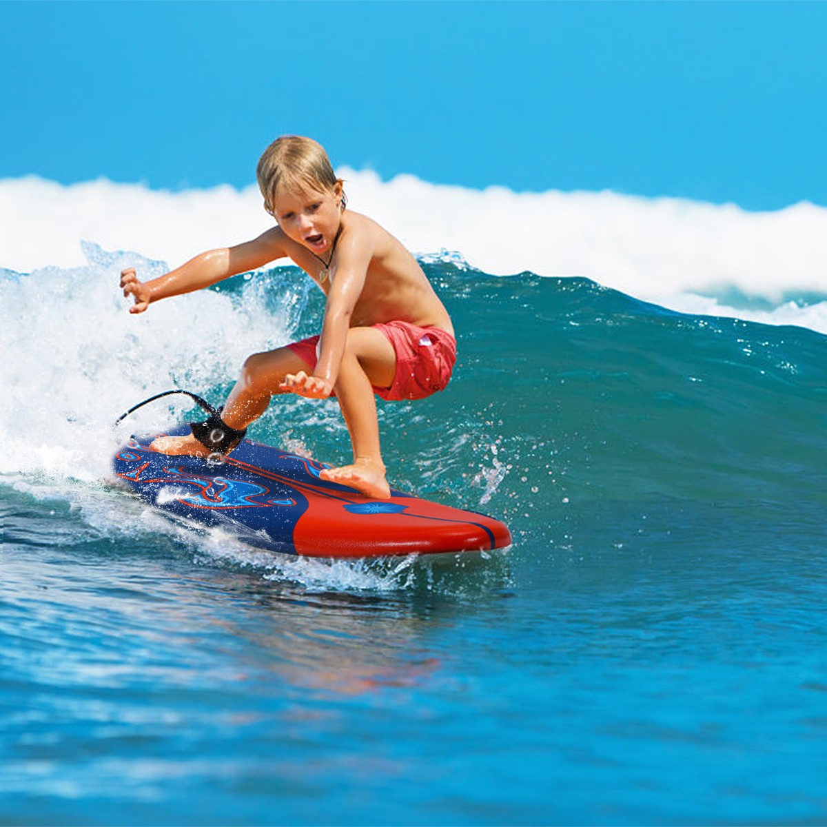 6′ Surfboard Foamie Body Surfing Board W/3 Fins Leash for Kids Adults Red