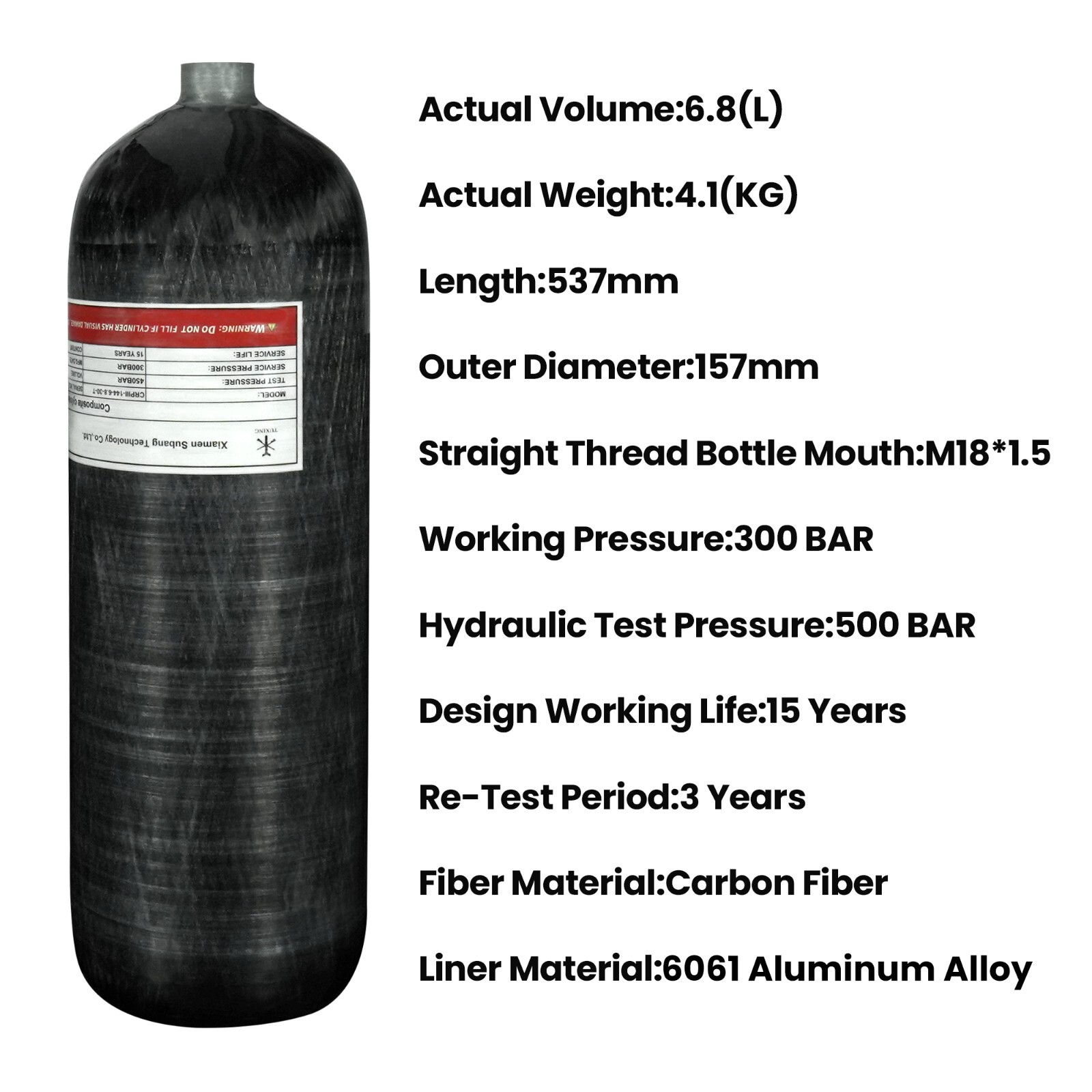 TUXING 4500Psi Carbon Fiber Scuba Tank 6.8L High Pressure Composit Diving Tank