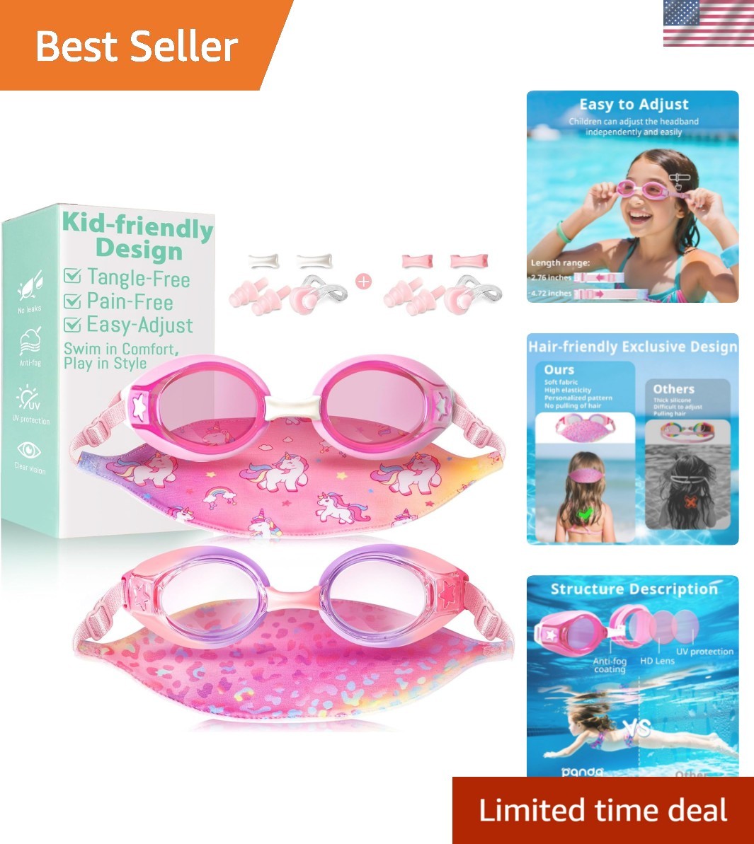 2 Pack Kids Swim Goggles with Fabric Strap for 3-14 Anti-Fog Anti-UV, No Leak…