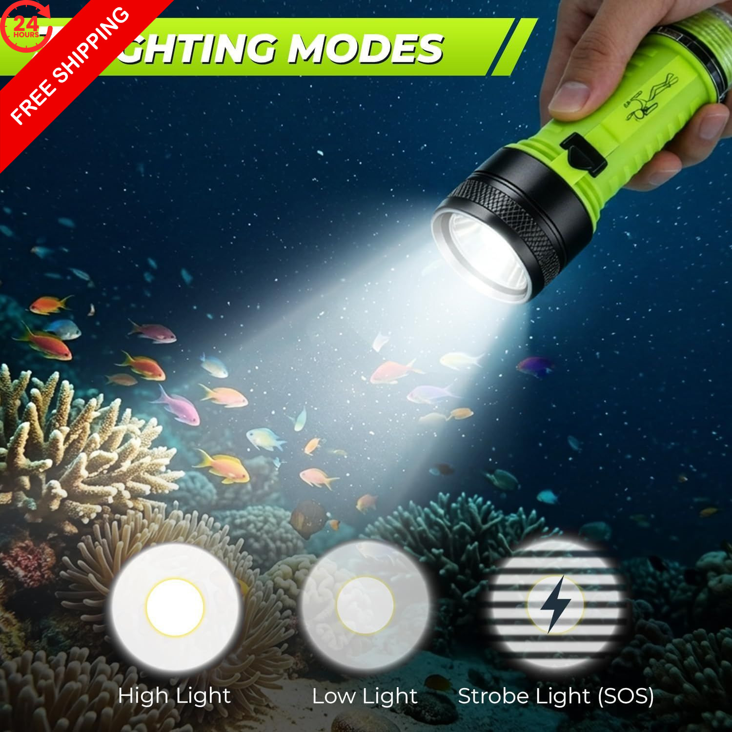 FISHOAKY Diving Flashlight Underwater LED Light, 1500 Pocket Size, Black