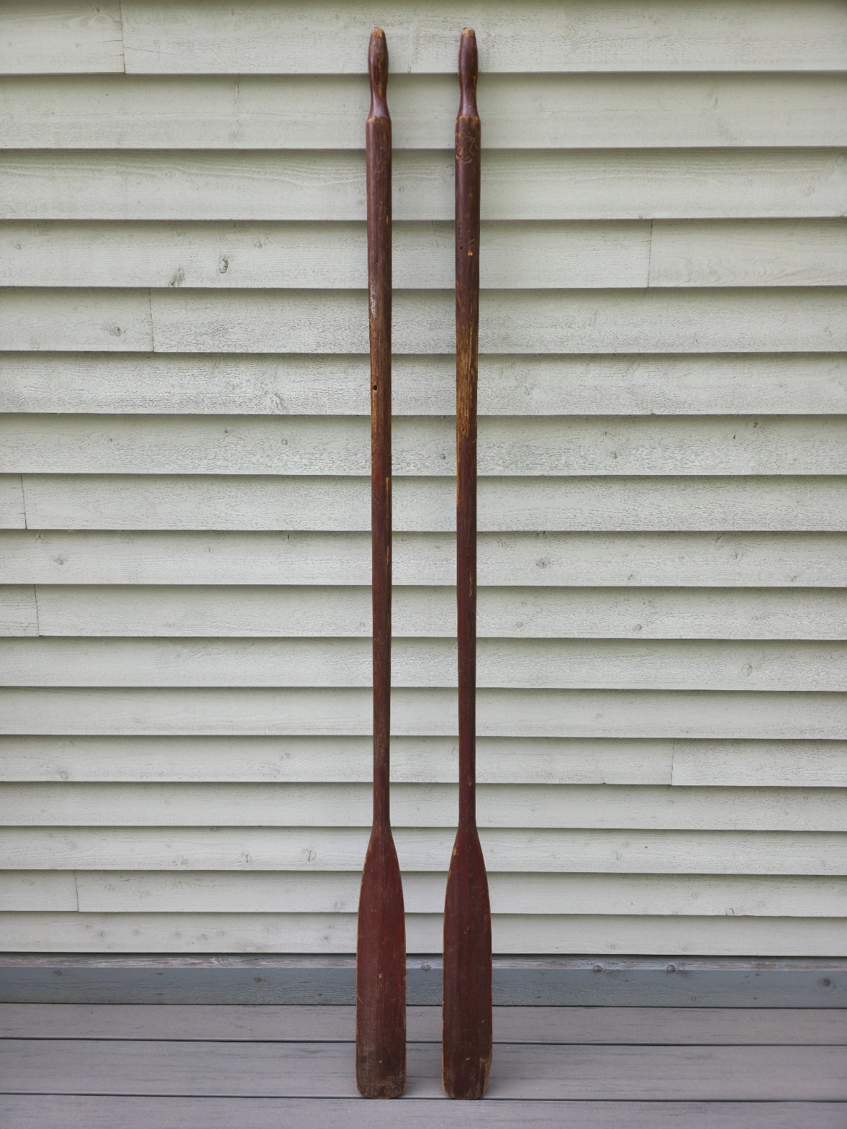 VINTAGE Old Wooden Paddles Oars DARK BROWN LONG Measures 84″