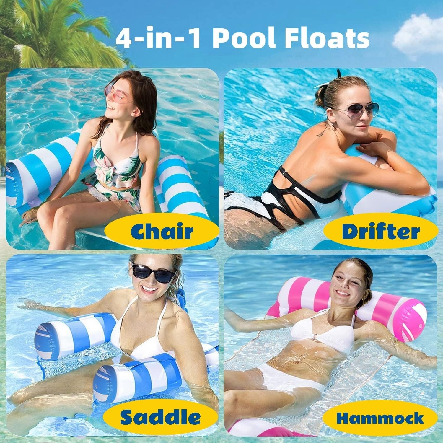 4 Pack Upgrated XL Water Pool Floats, 4-in-1 (Hammock, Saddle, Lounge Chair, Dri