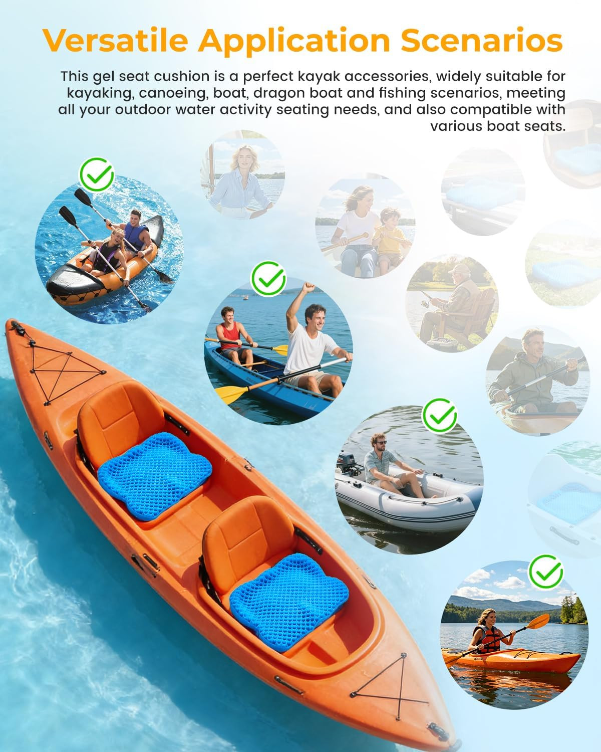 Premium Gel Kayak Seat Cushion, Thickened Non-Slip Waterproof Seat Pad, Breathab