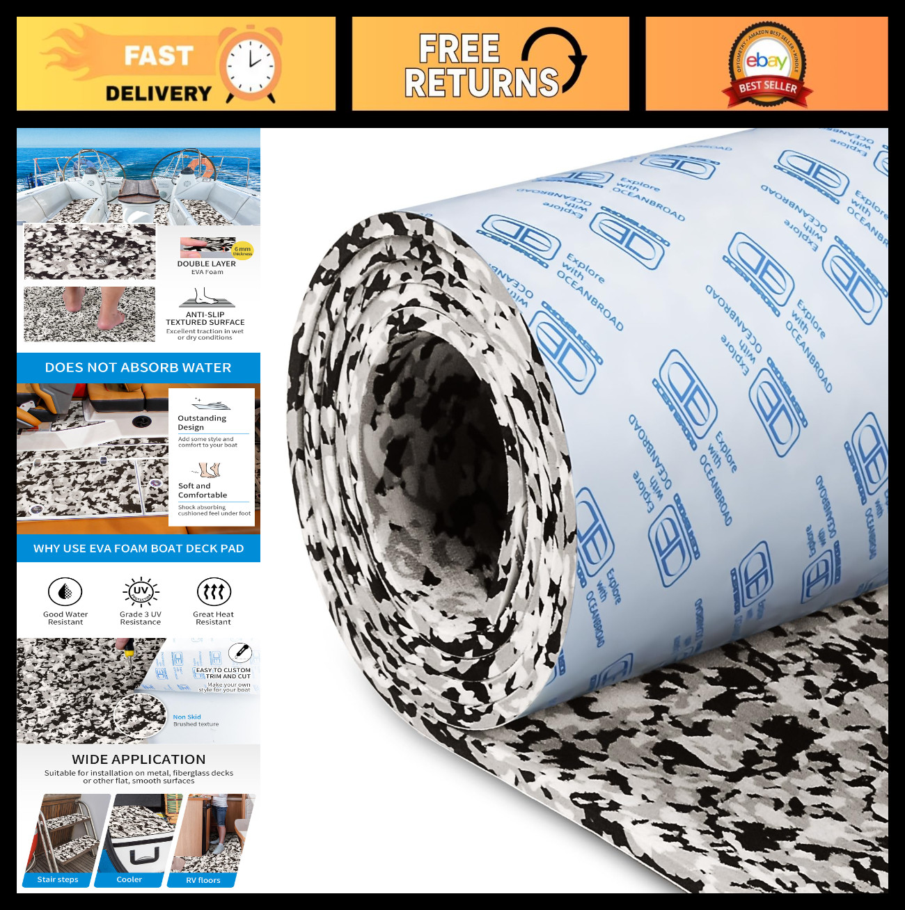 Self-Adhesive EVA Foam Non-Slip Marine Decking Mat for Boats, RVs, Kayaks & SUPs