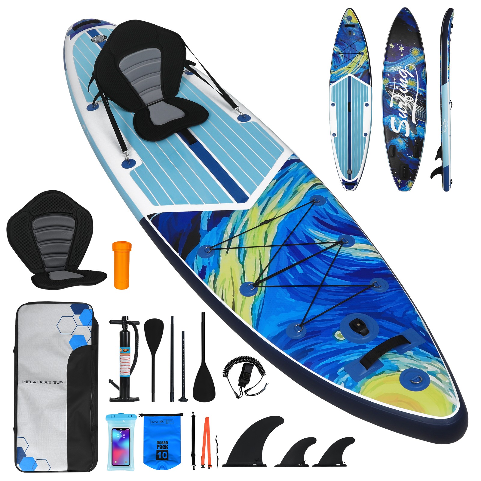 11FT Inflatable SUP Board 33″ Wide 330LBS Kayak Seat 3-Fin Set
