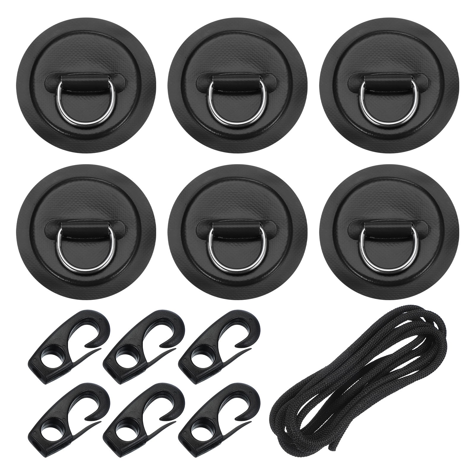 6Pcs Stainless Steel D-Ring Patch Round Patch with Elastic Cords & Hooks Black