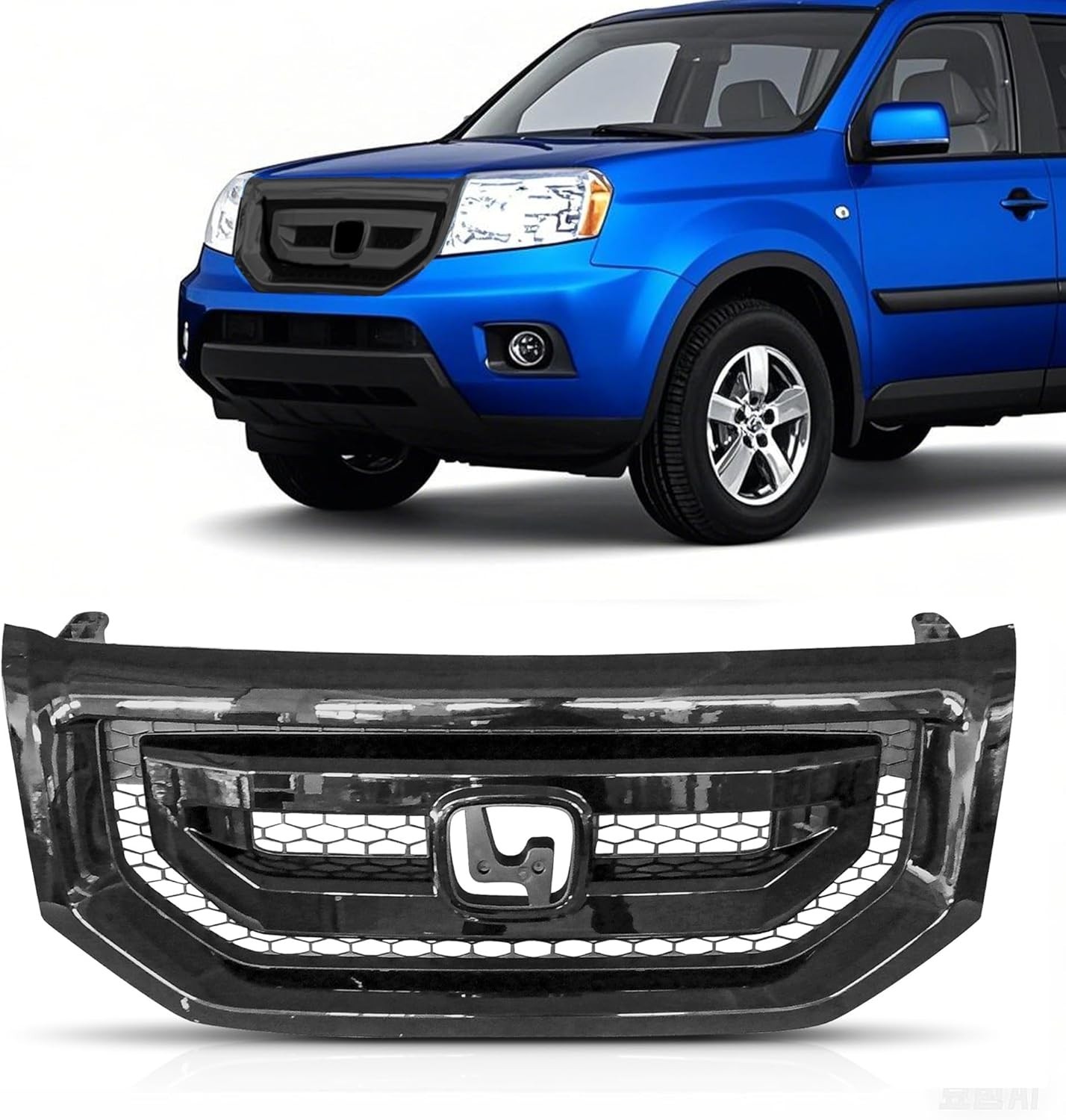 Front Bumper Grill Upper Grille Assembly Gloss Black Compatible With Honda Pilot