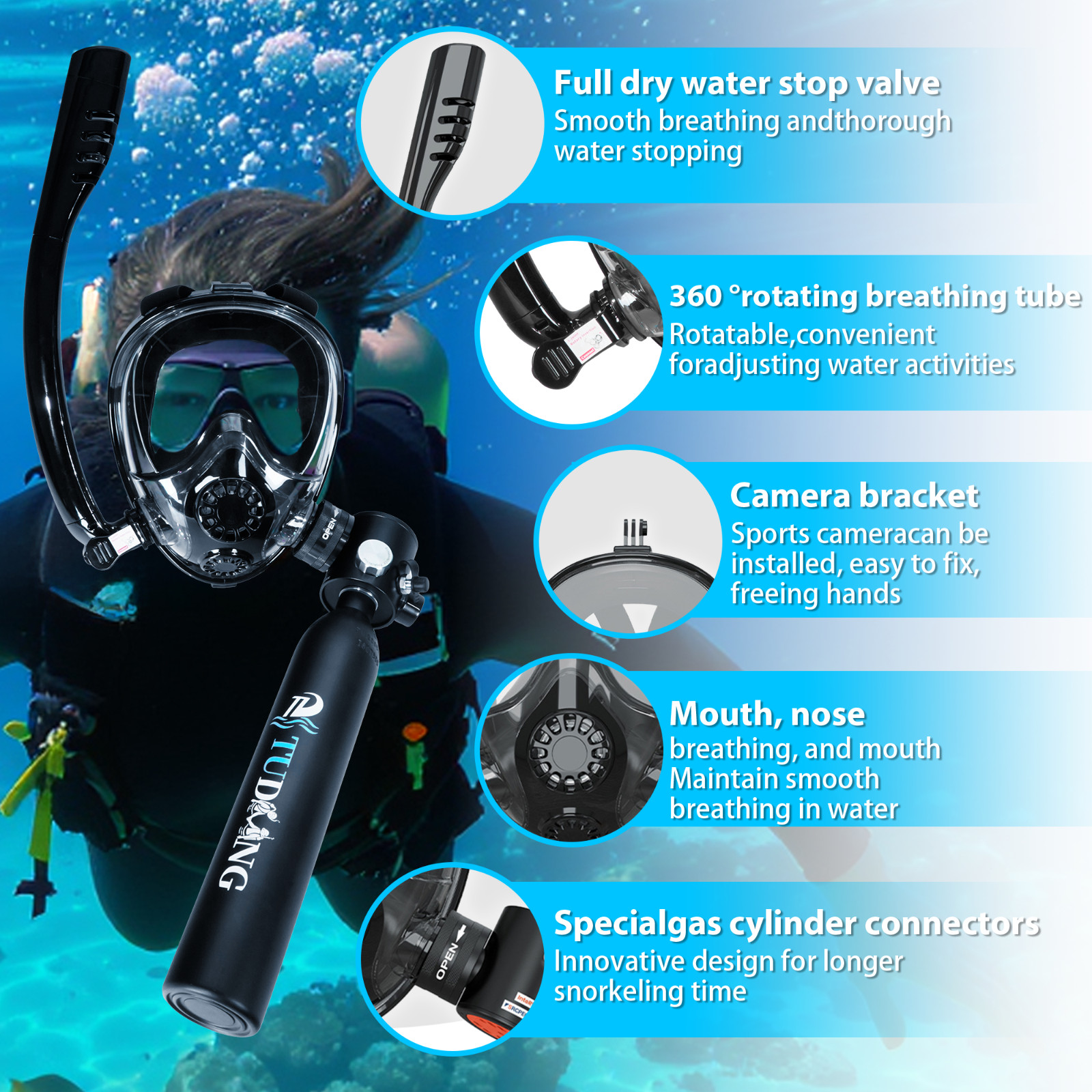 TUDIVING-0.5L Mini Scuba Tank with Snorkel Mask,Lung Tank with Pump,Pony Bottle