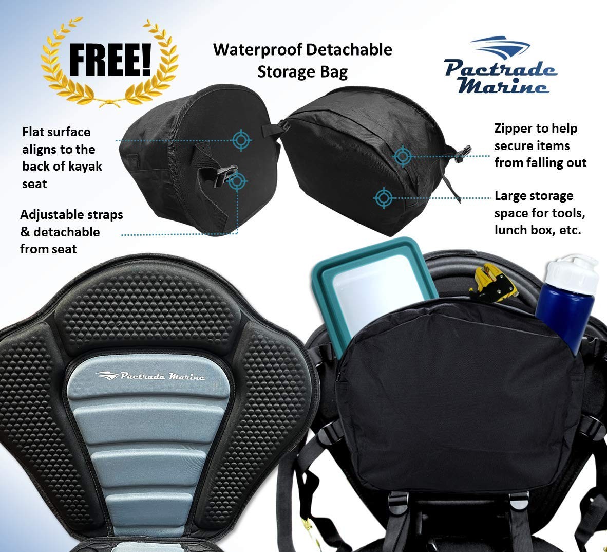 Adjustable Straps Black Gray Extra Padded Deluxe Kayak Seat Detachable Storag…