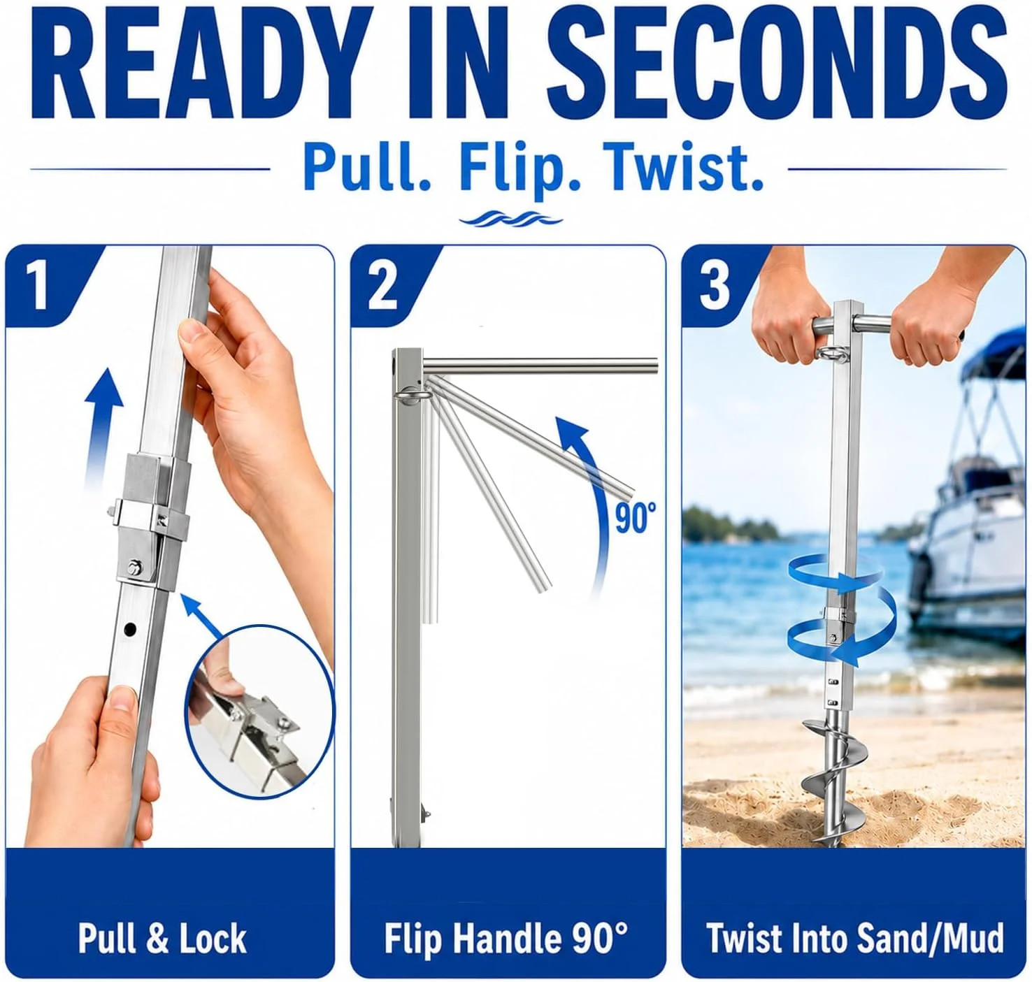 Sand Anchor for Boat, 304 Stainless Steel Heavy Duty Screw in Boat Anchor Pole,