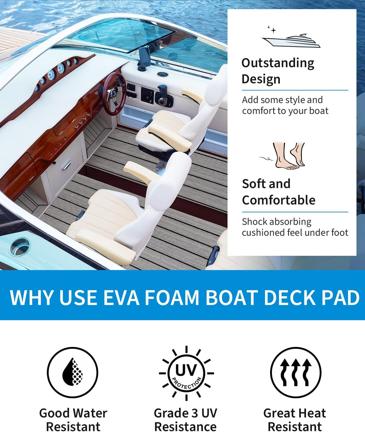 Boat Flooring EVA Foam Self-Adhesive 96”X45.6”/36”/28.8”/16.8”