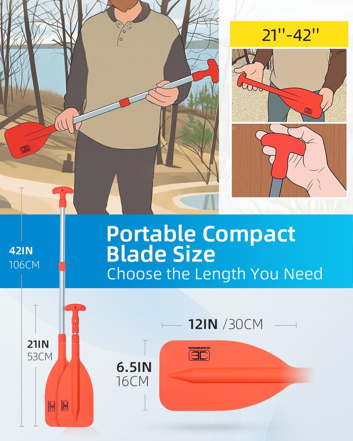 OCEANBROAD Telescoping Emergency Paddle 21”-42”(1-pack), Orange