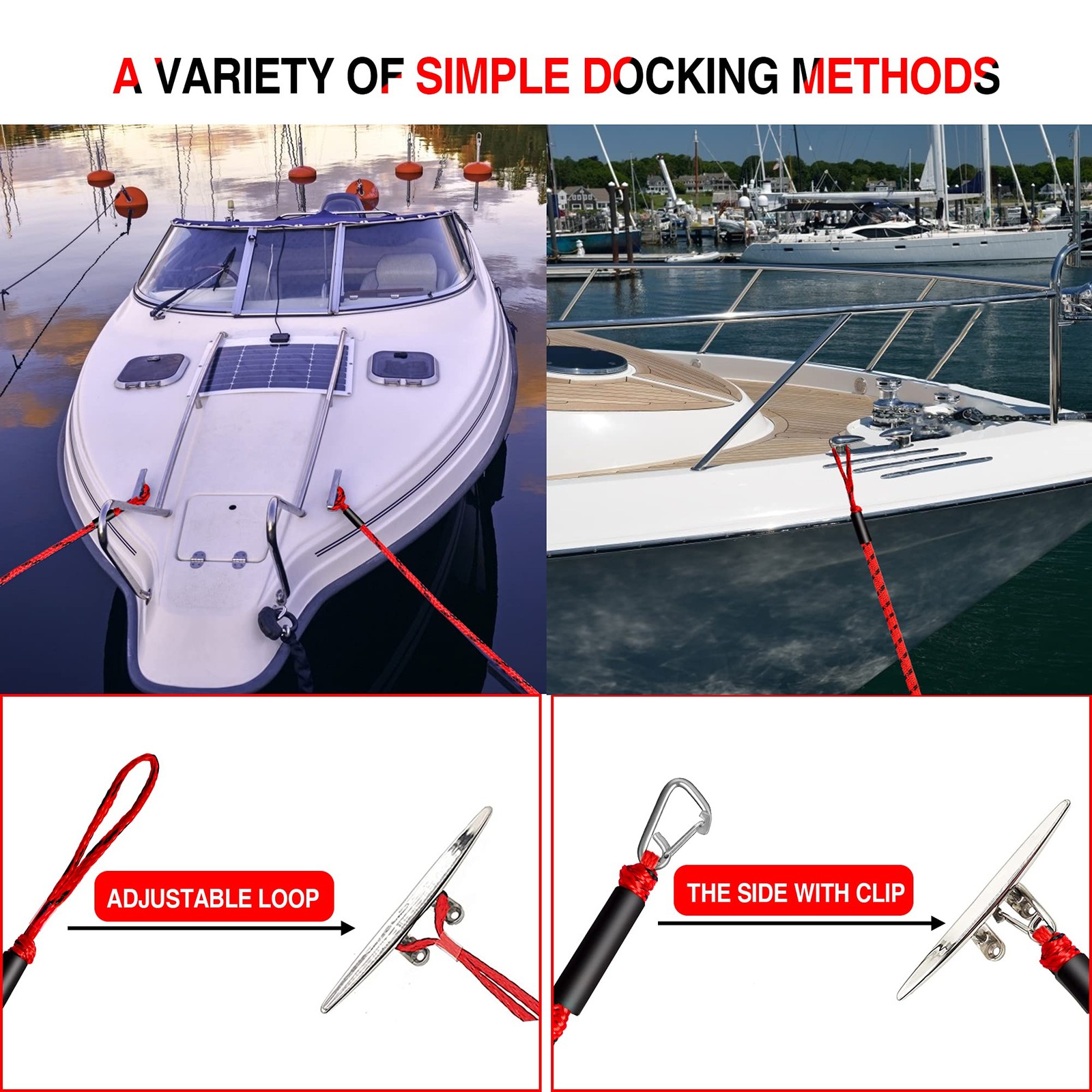 Bungee Dock Line Boat Accessories – Pontoon, Jet Ski, Kayak 4ft & 6ft, Red