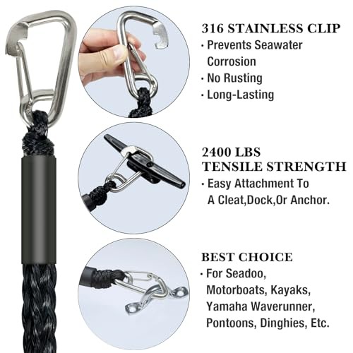 4FT Anchor Bungee Line Bigger 316 Stainless Clip Boat Bungee Dock 4Feet Black