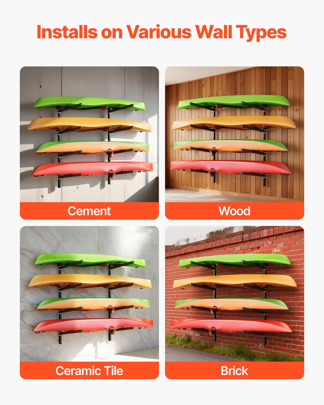 VEVOR Kayak Storage Rack Wall Mounted Kayak Rack 4 Kayaks 300 lbs Paddleboard