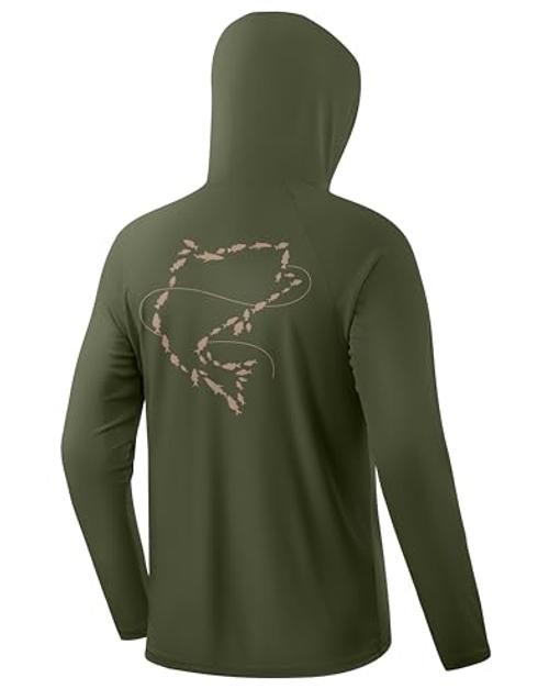 Men’s Sun Protection Hoodie Shirts UPF 50+ Long Sleeve Large Army Green/Fish