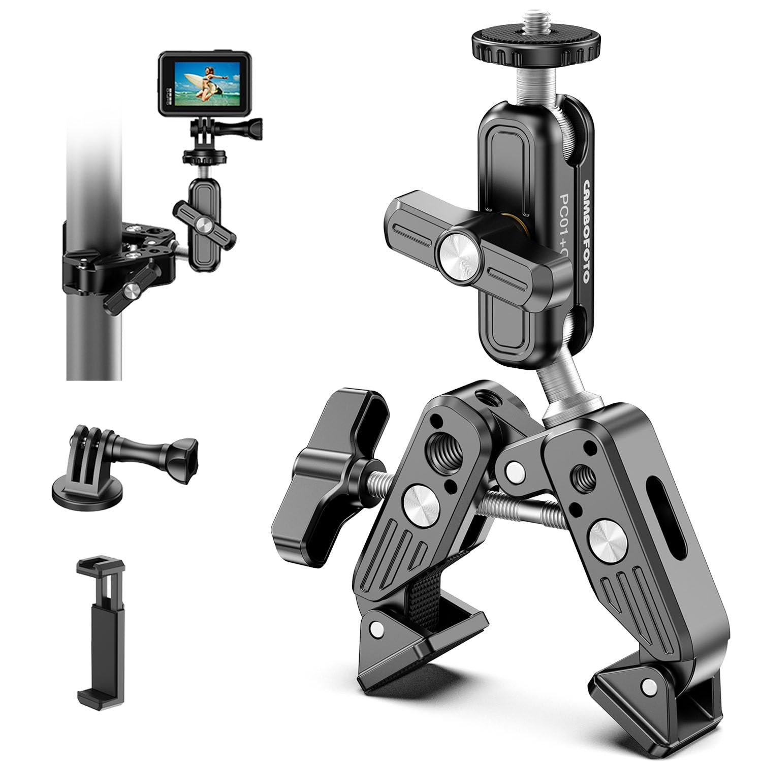 Super Clamp Camera Mount, 360° Dual Ballhead Magic Arm, 1/4″-20 & Black