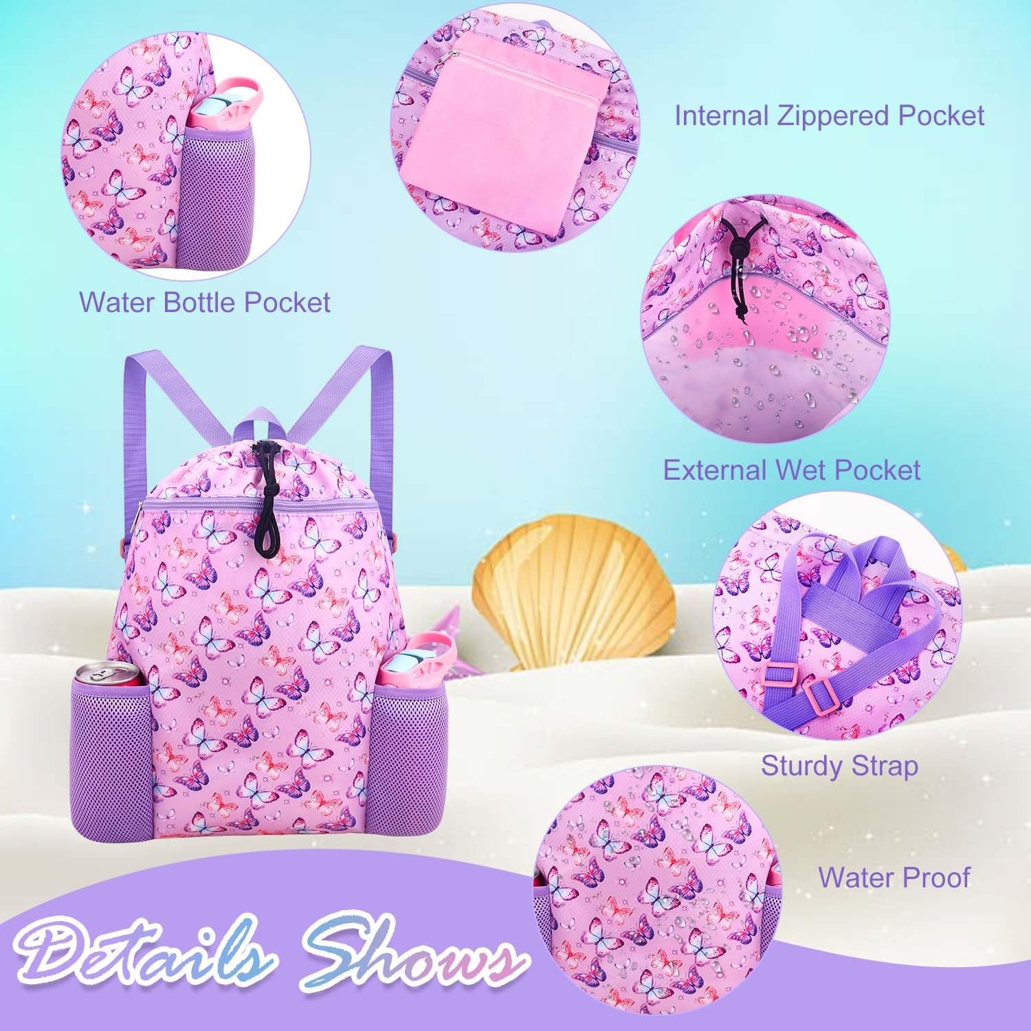 Butterfly Drawstring Backpack for Girls Waterproof Swim Bag with Water Bottle