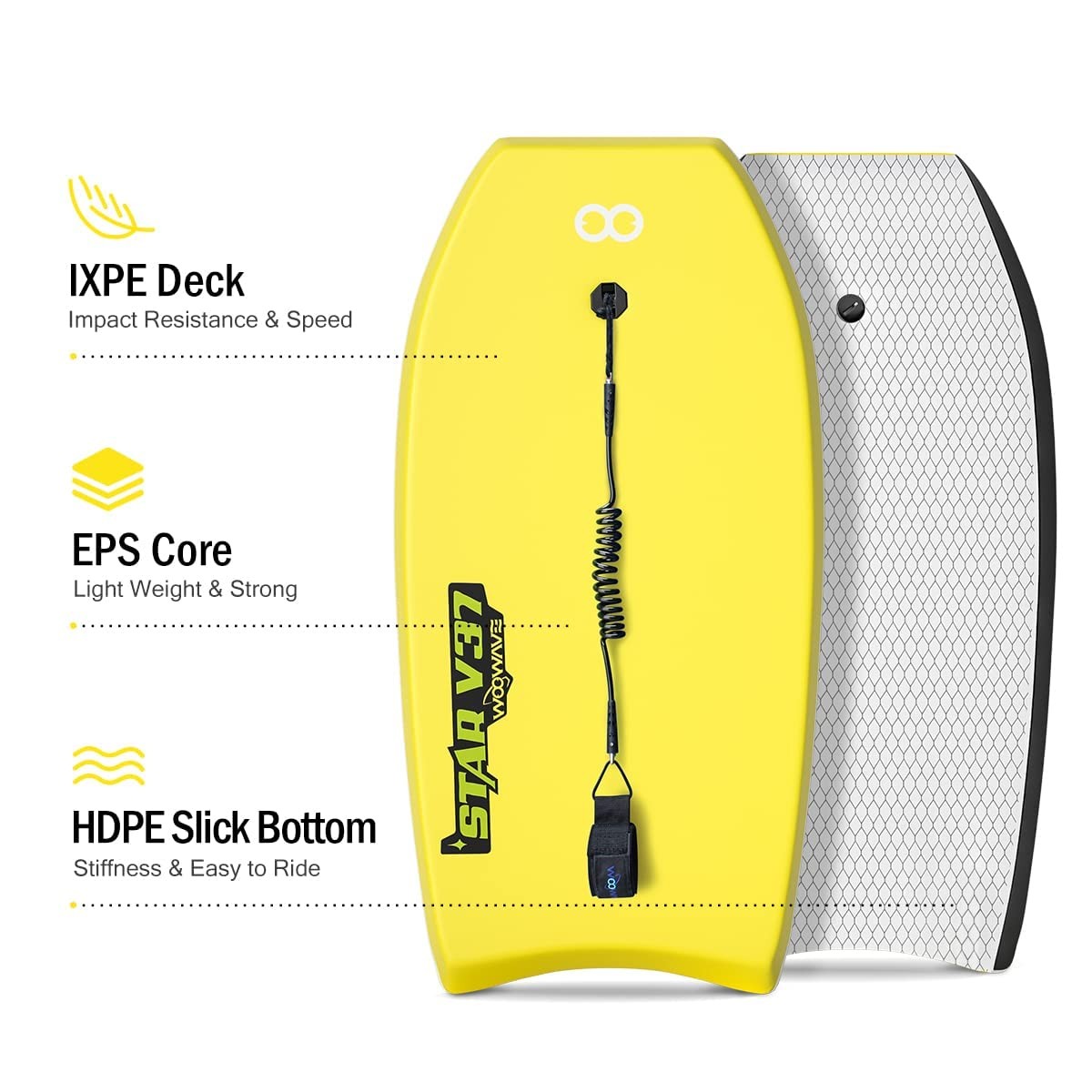 Woowave Bodyboard 33-Inch/37-Inch/42-Inch Premium Ixpe Body Board Coiled Wrist