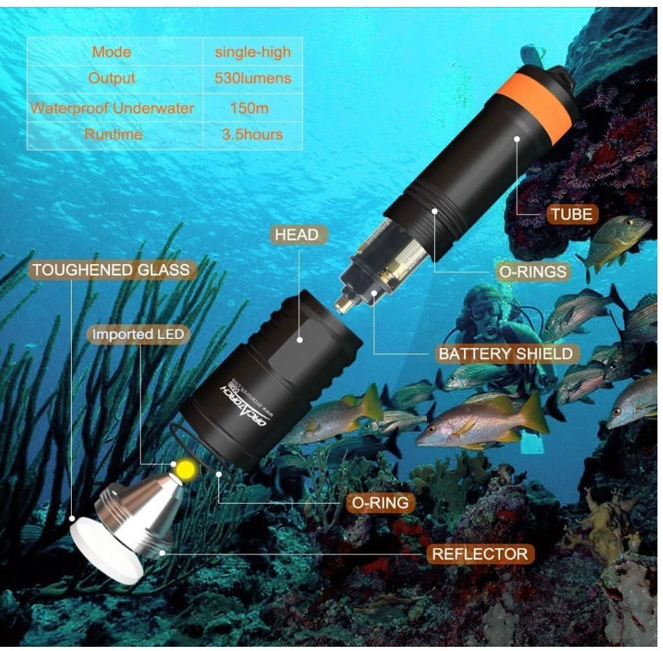 ORCATORCH D580 Scuba Dive Light, Max 530 Lumens Underwater Flashligh w/ 6Degrees