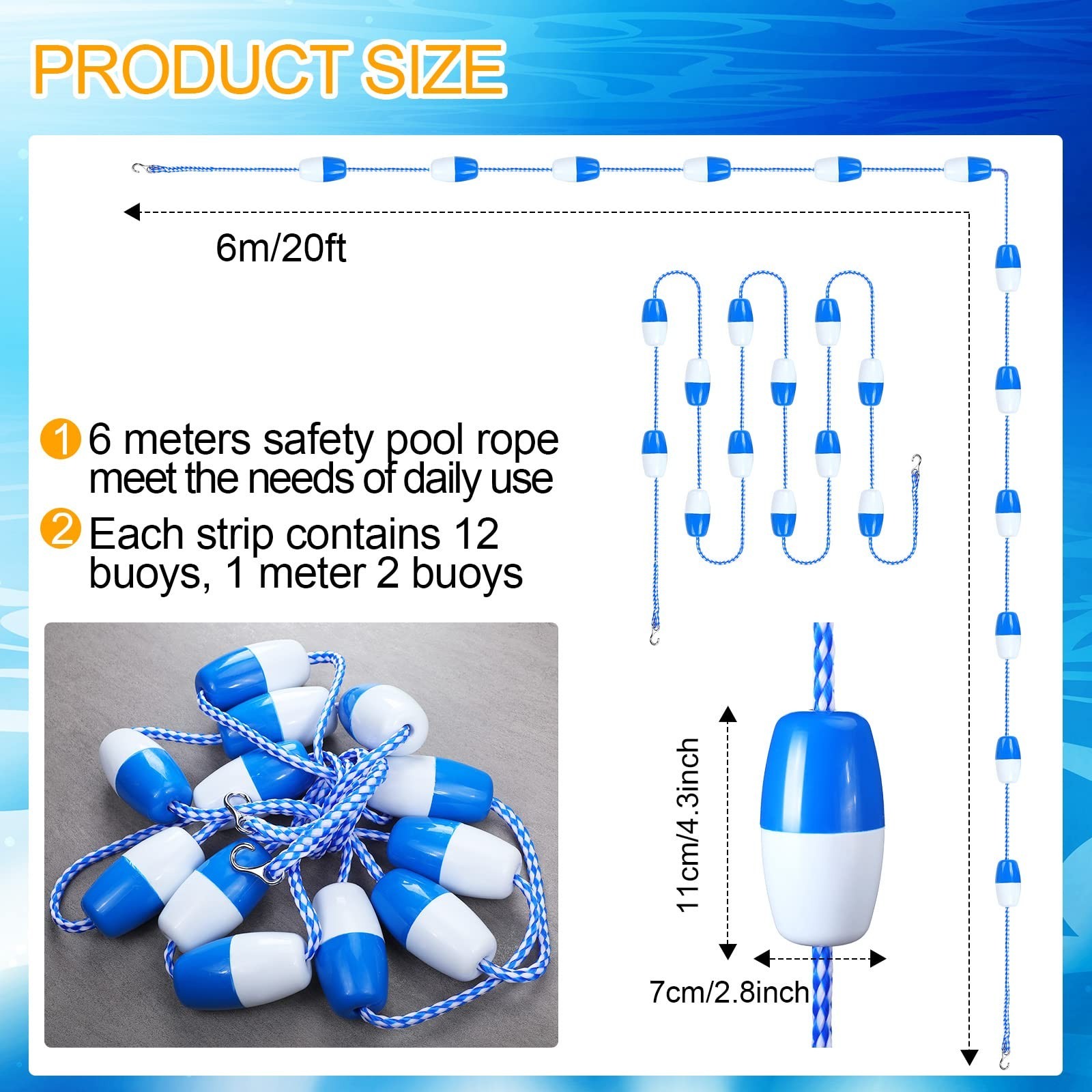 2 Pack Adjustable Swimming Pool Safety Divider Rope 16-20ft with Hooks & Buoys