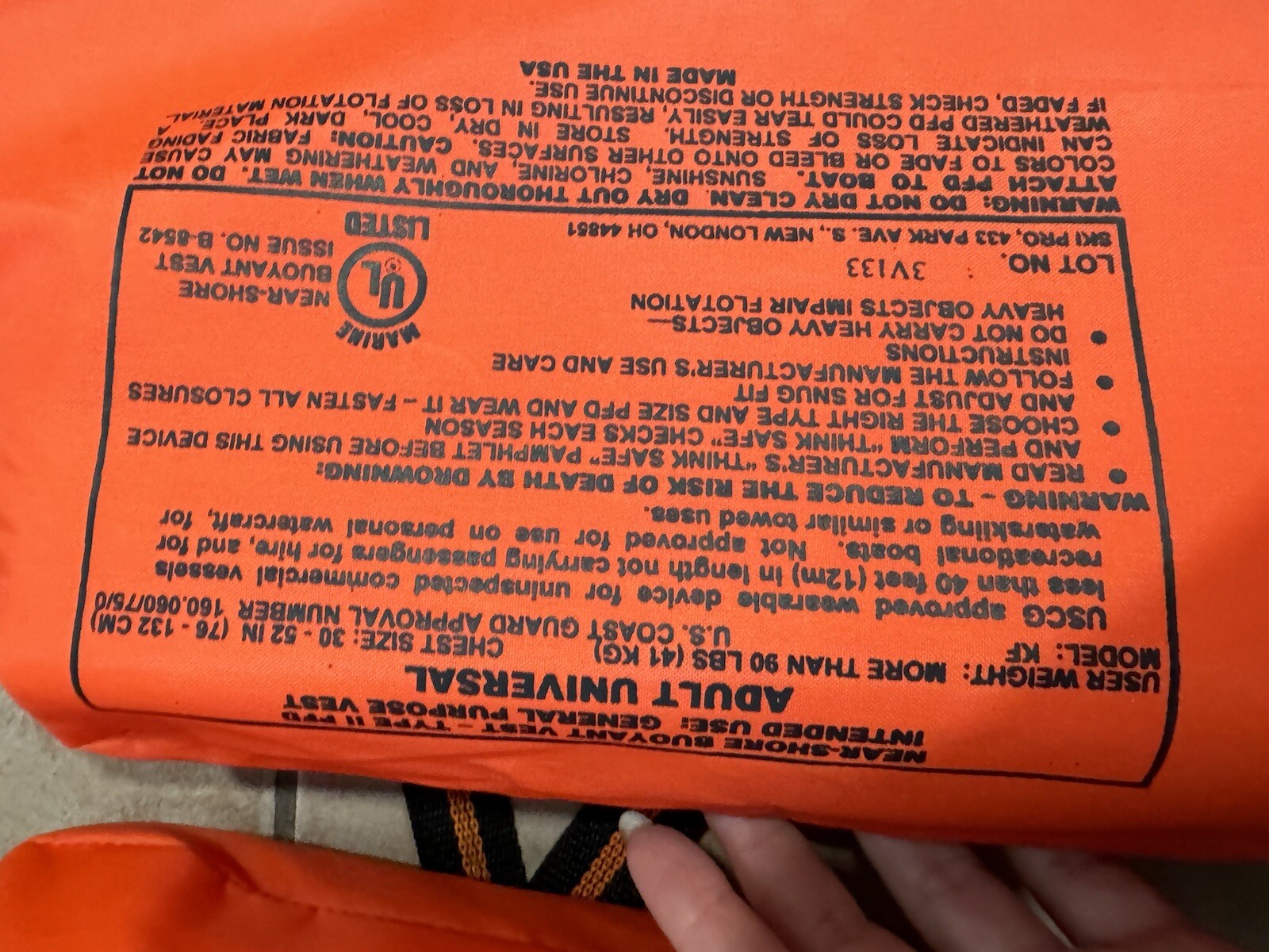 Stearns Life Vest Adult Type II Boating 30-52″ Chest Over 90 LBS Life Jacket