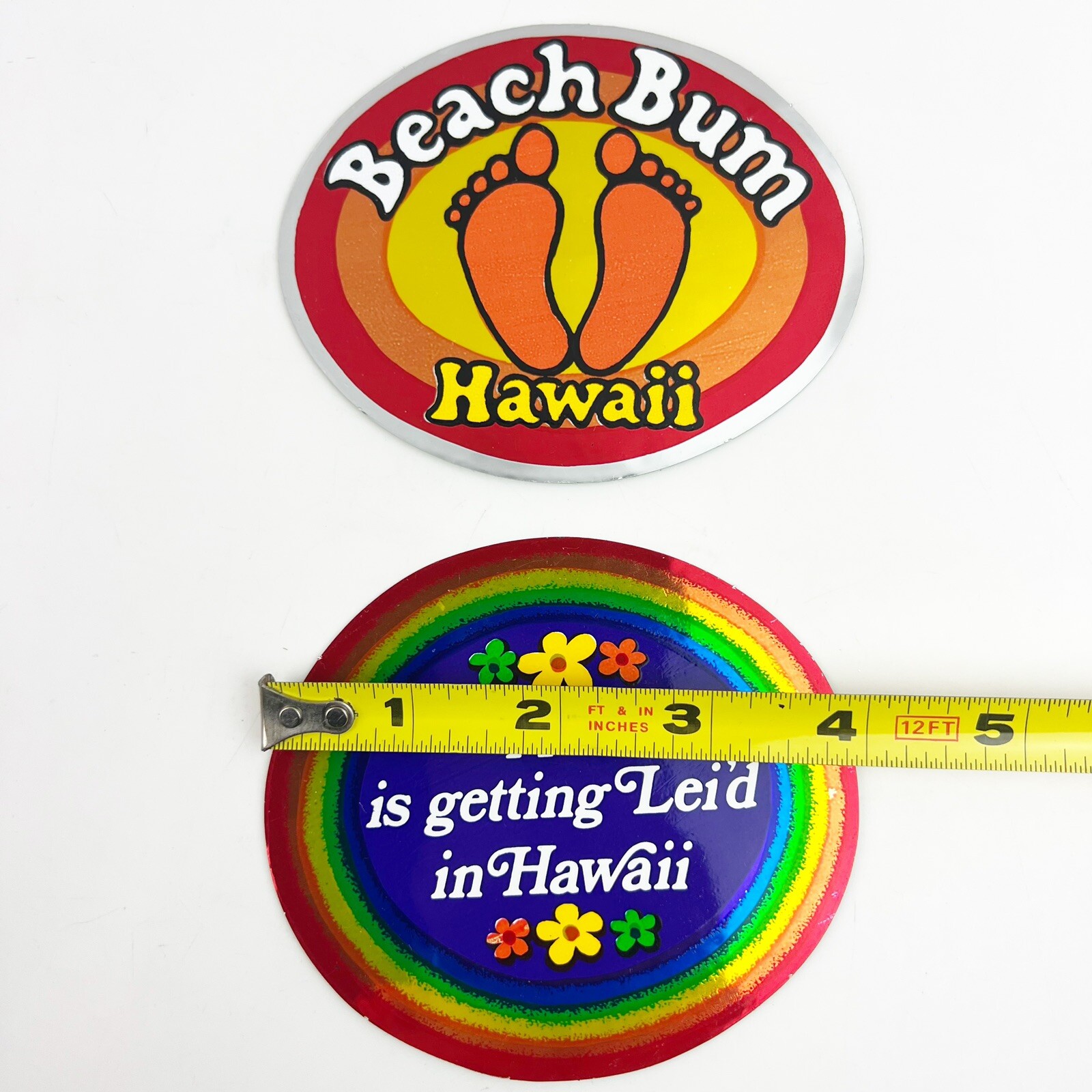 2 Vtg 80s Chrome Foil Decal Stickers Frank Turek Hawaiian Kine Kards Bum Lei’d