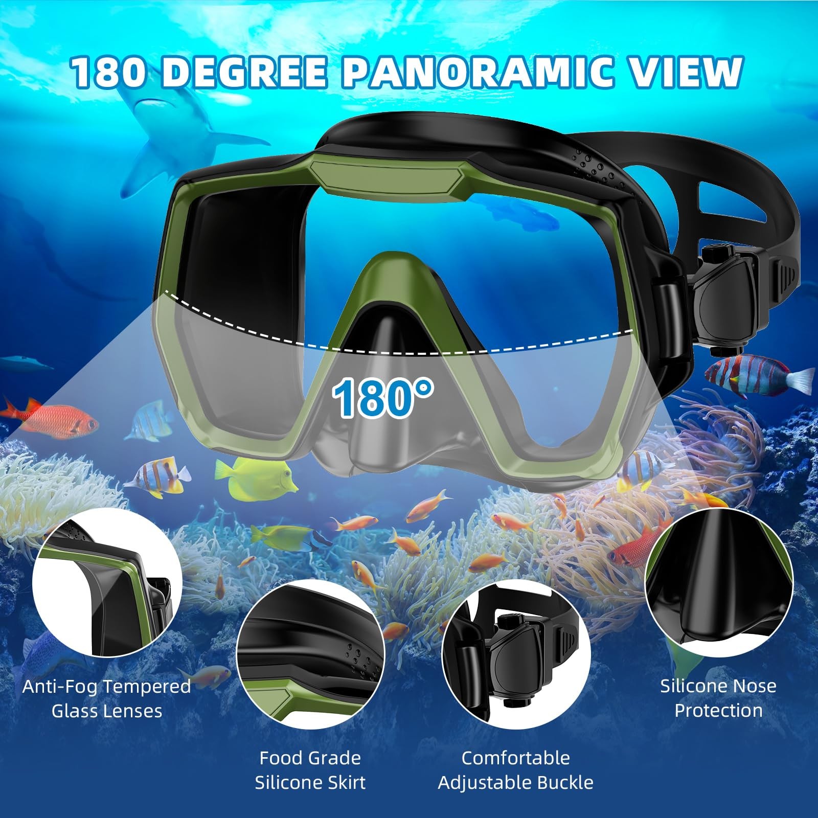 Snorkel Set Adults Snorkeling Gear Anti-Leak and Anti-Fog Army Green+Black