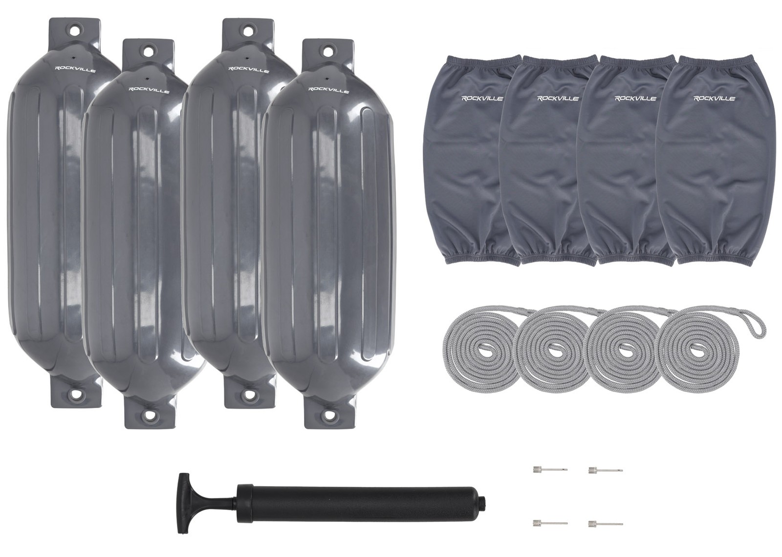 Rockville FEN410-GREY Boat Fender Package 4 Bumpers 10″x30″, 4 Covers, 4 Lines