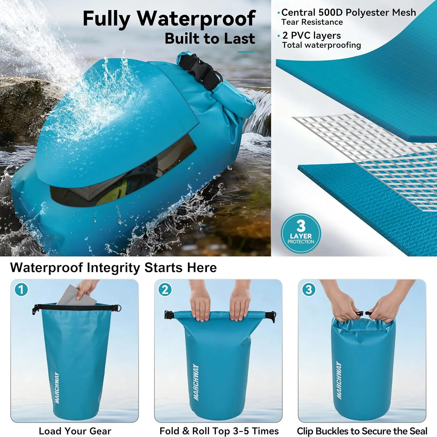 MARCHWAY Floating Waterproof Dry Bag Backpack 5L/10L/20L/30L/40L, Roll Top Sack