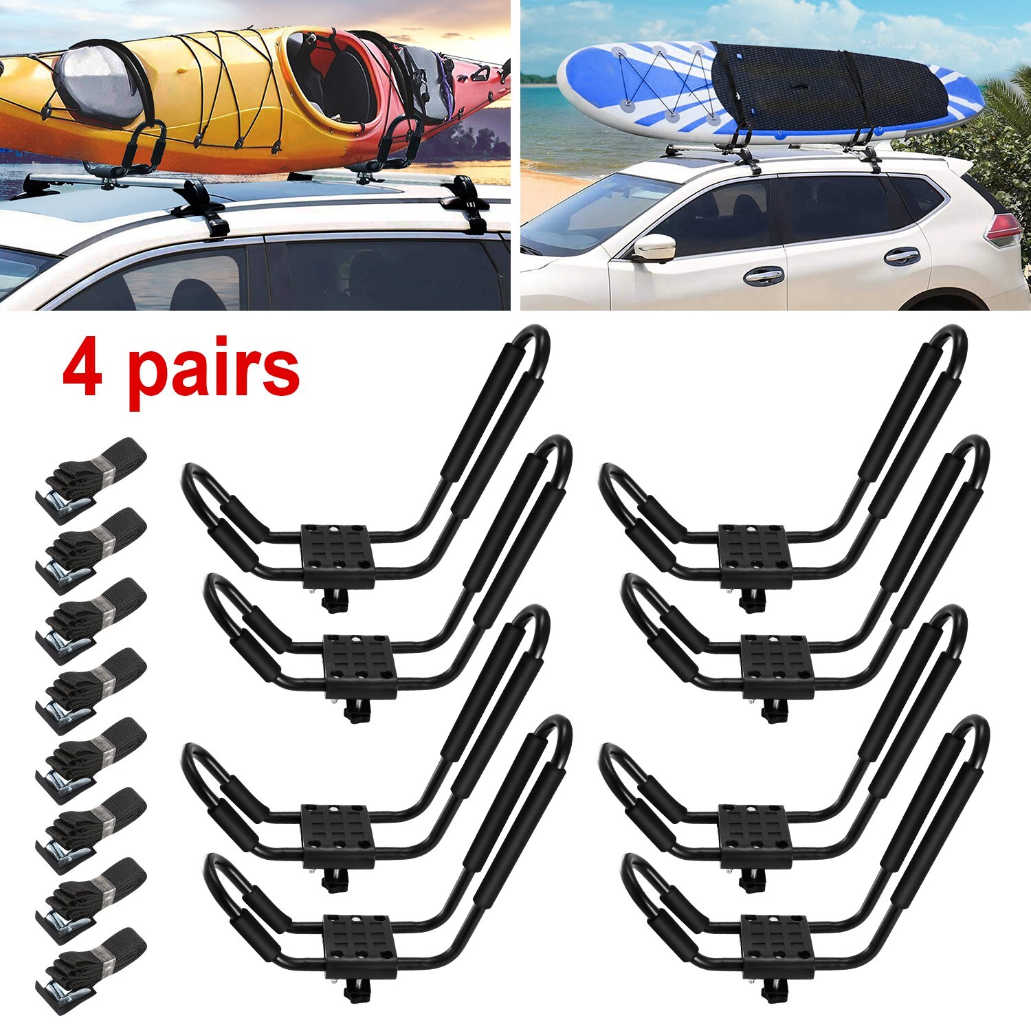 2/4 Pairs Heavy Duty Kayak J-Bar Roof Rack for Canoe SUP Kayaks on Car SUV Truck