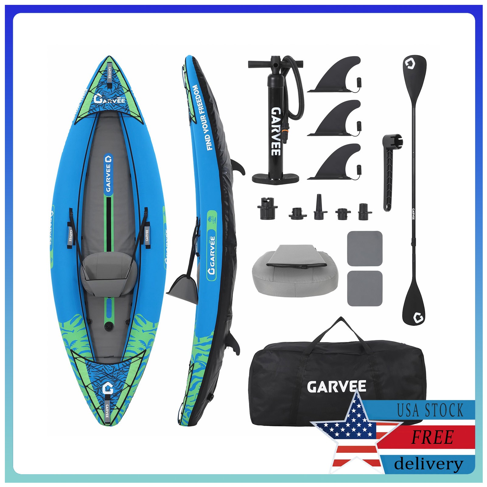 Inflatable Kayak for 1 Person Portable Fishing Kayak w/Seat, 3 Fins, Hand Pump