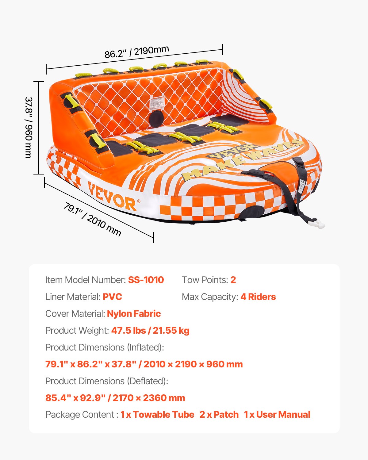 VEVOR Towable Tube for Boating 1-4 Riders Inflatable Boating Tubes Towable Water