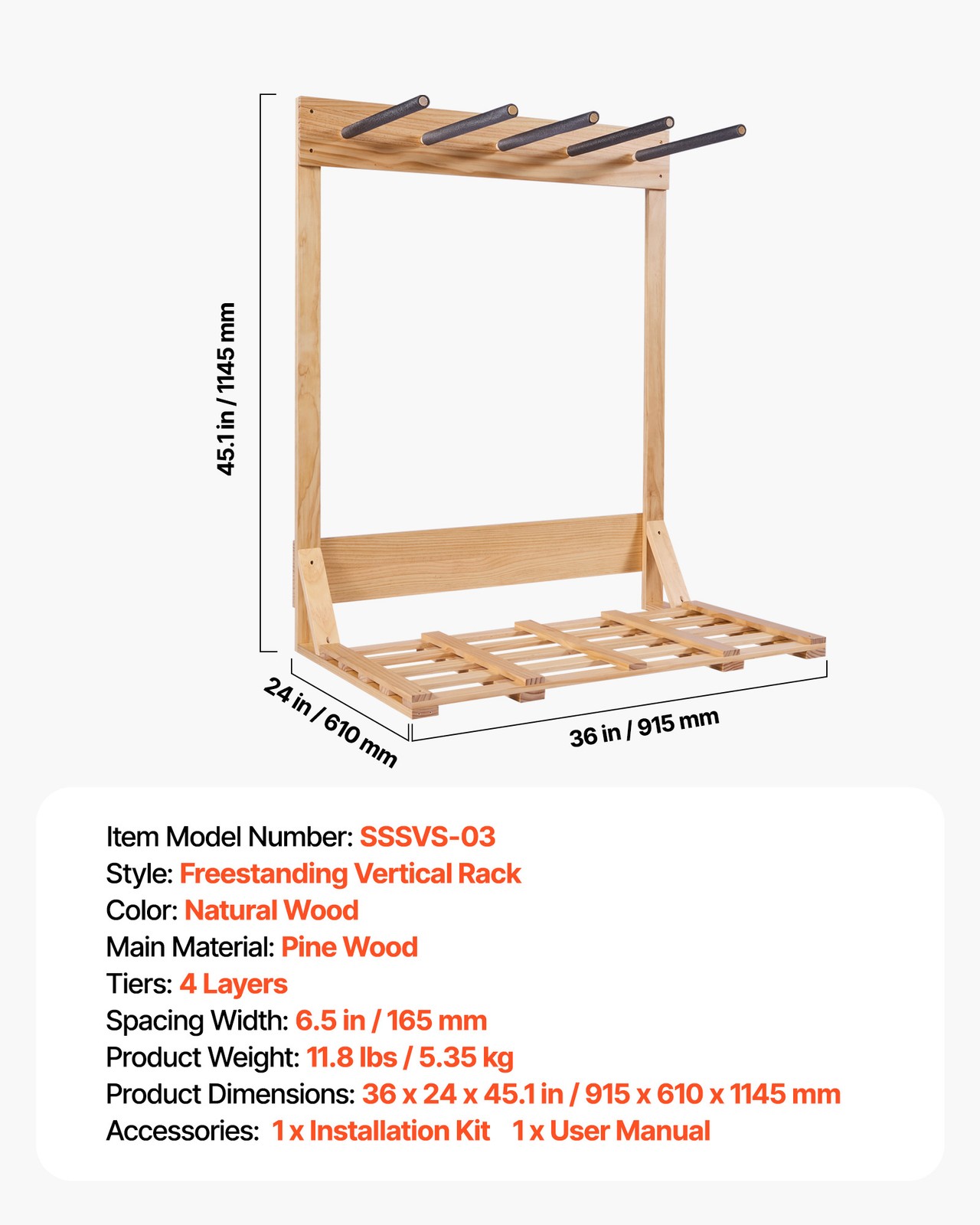 VEVOR Vertical Surfboard Stand 4 Tiers Wood Surfboard Rack for Storage & Display